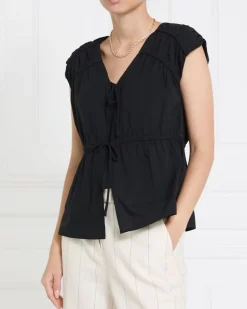 Gallery Freida Shirred Bow Tie Front Black Blouse