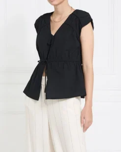 Gallery Freida Shirred Bow Tie Front Black Blouse