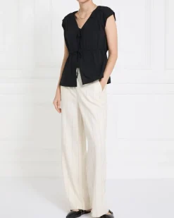 Gallery Freida Shirred Bow Tie Front Black Blouse