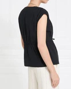 Gallery Freida Shirred Bow Tie Front Black Blouse
