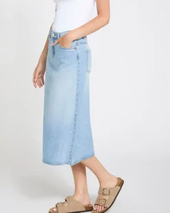 High Waisted Denim Midi Skirt
