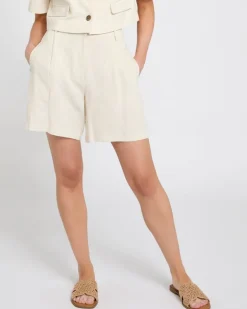 High Waisted Linen Blend Pleated Shorts