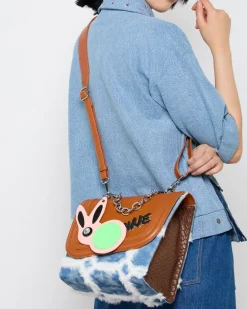 Joanne Hynes 'MINE' Faux-Feather Denim Satchel Bag With PU Rabbit Keyring