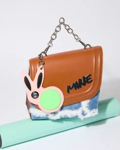 Joanne Hynes 'MINE' Faux-Feather Denim Satchel Bag With PU Rabbit Keyring