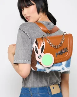 Joanne Hynes 'MINE' Faux-Feather Denim Satchel Bag With PU Rabbit Keyring
