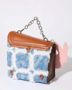 Joanne Hynes 'MINE' Faux-Feather Denim Satchel Bag With PU Rabbit Keyring