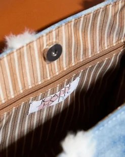 Joanne Hynes 'MINE' Faux-Feather Denim Satchel Bag With PU Rabbit Keyring