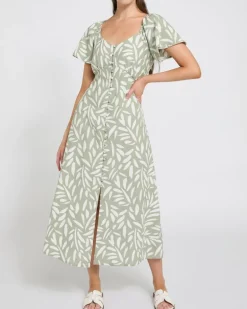 Linen Blend Print Midi Dress