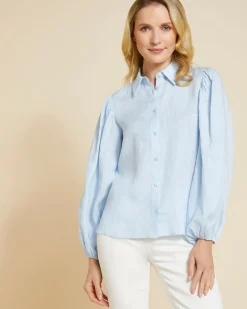 Paul Costelloe Living Studio Blue Puff Sleeve 100% Linen Shirt
