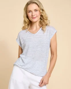Paul Costelloe Living Studio Navy Stripe Linen V-Neck Top