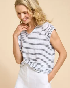 Paul Costelloe Living Studio Navy Stripe Linen V-Neck Top