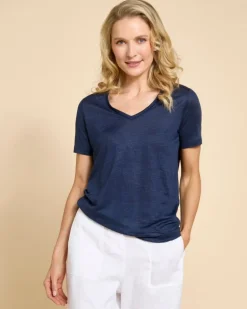 Paul Costelloe Living Studio Navy Linen V-Neck Top