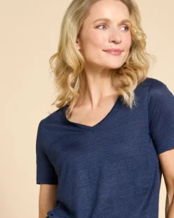 Paul Costelloe Living Studio Navy Linen V-Neck Top