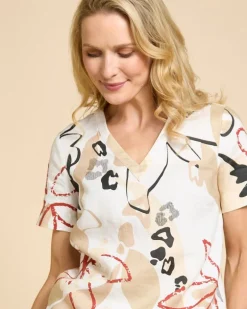 Paul Costelloe Living Studio Abstract Print V-Neck Linen Top