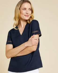 Paul Costelloe Living Studio Navy V-Neck Sleeve Detail 100% Linen Top