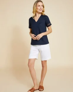 Paul Costelloe Living Studio Navy V-Neck Sleeve Detail 100% Linen Top