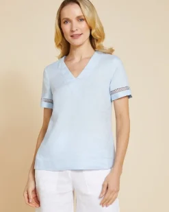 Paul Costelloe Living Studio Blue V-Neck Sleeve Detail 100% Linen Top