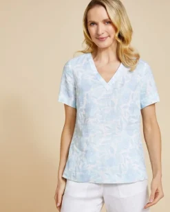 Paul Costelloe Living Studio Blue Print V-Neck 100% Linen Top