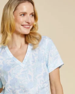 Paul Costelloe Living Studio Blue Print V-Neck 100% Linen Top