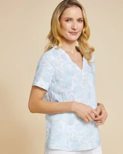 Paul Costelloe Living Studio Blue Print V-Neck 100% Linen Top