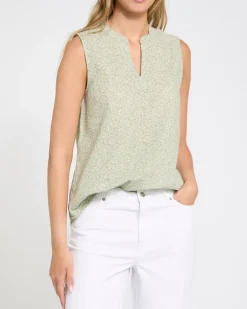Print V-Neck Sleeveless Linen Blend top