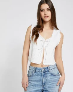 Savida White Cotton Bow Tie Front Poplin Waistcoat Top